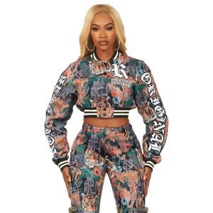 Rockstar Original Women's XL Rena Black Cropped Tapestry Varsity Jacket Button-u